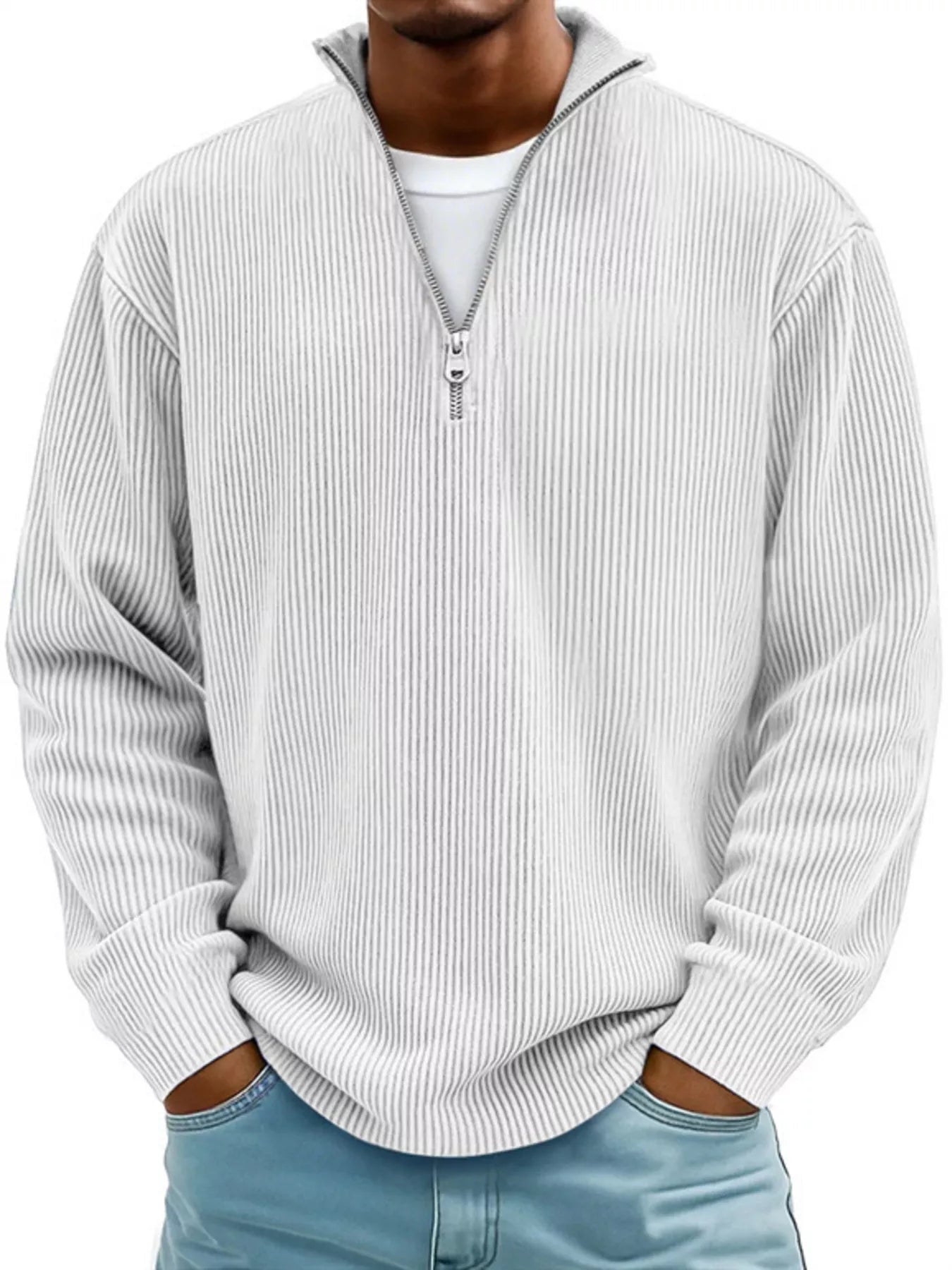 Men's Full Size Corduroy Quarter Zip Pullover Sweatshirt White