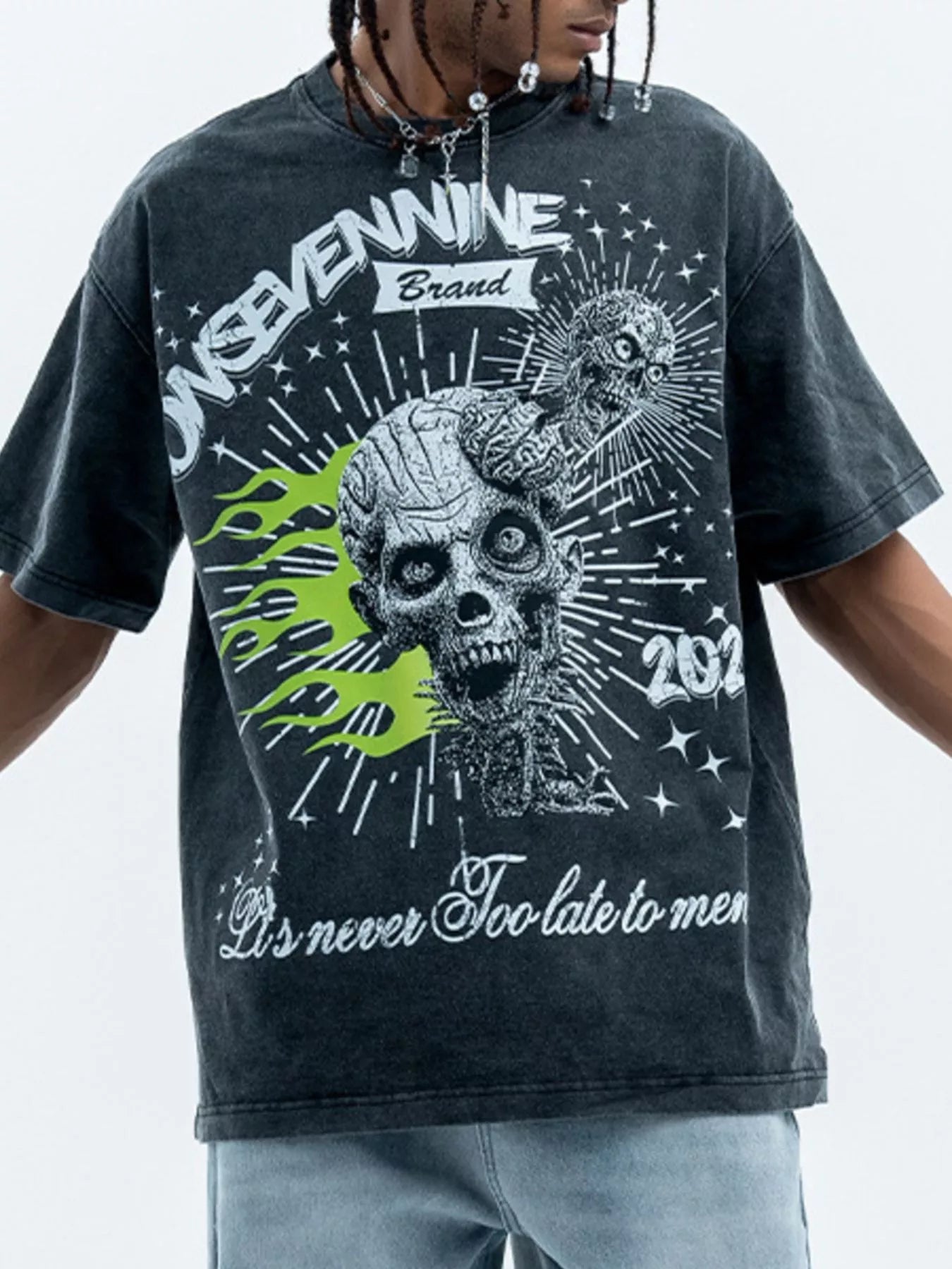 Men's Skull Graphic Round Neck Tee Wash Water Black