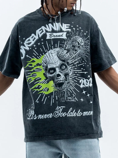 Men's Skull Graphic Round Neck Tee Wash Water Black