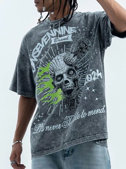 Men's Skull Graphic Round Neck Tee Silver Gray