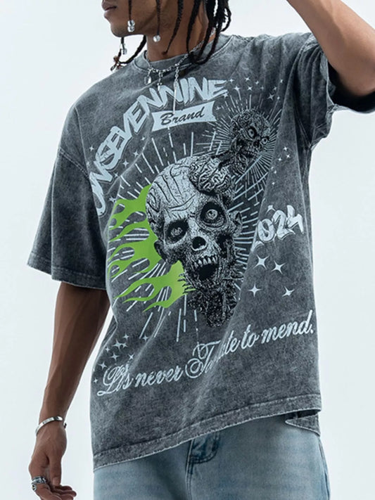 Men's Skull Graphic Round Neck Tee Silver Gray