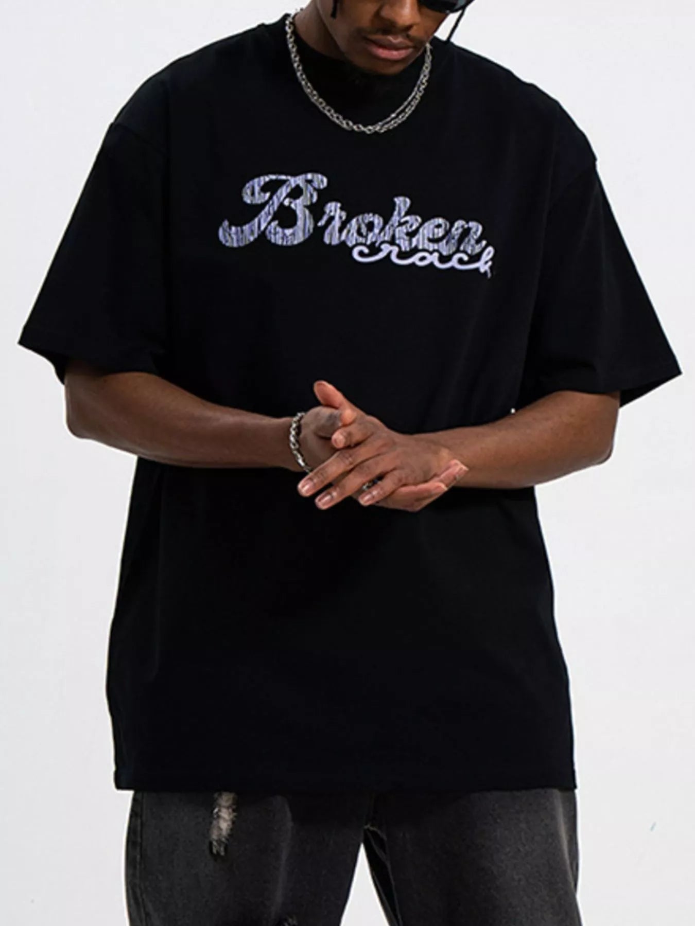 Men's Graphic Round Neck Oversized T-Shirt Black