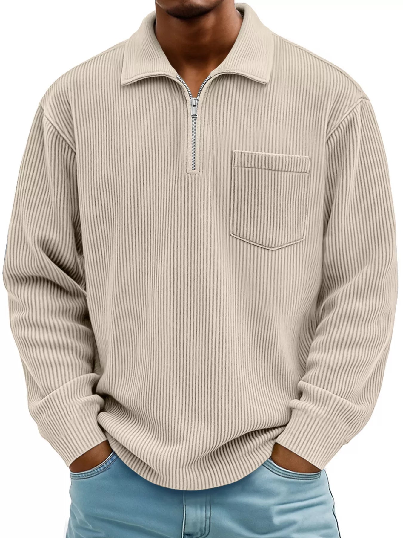 Men's Full Size Corduroy Half Zip Casual Top Plus Size Beige