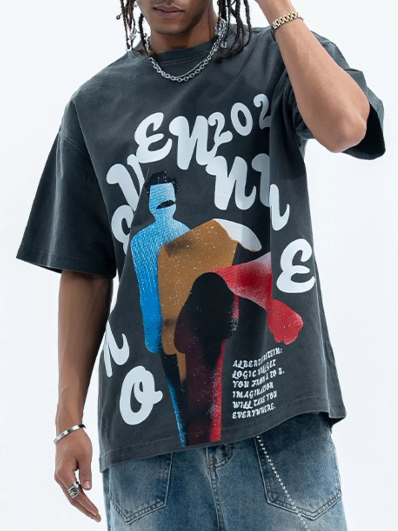 Men's Vintage Graphic Print Oversized T-Shirt Dark Gray