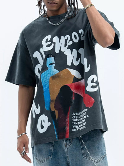 Men's Vintage Graphic Print Oversized T-Shirt Dark Gray