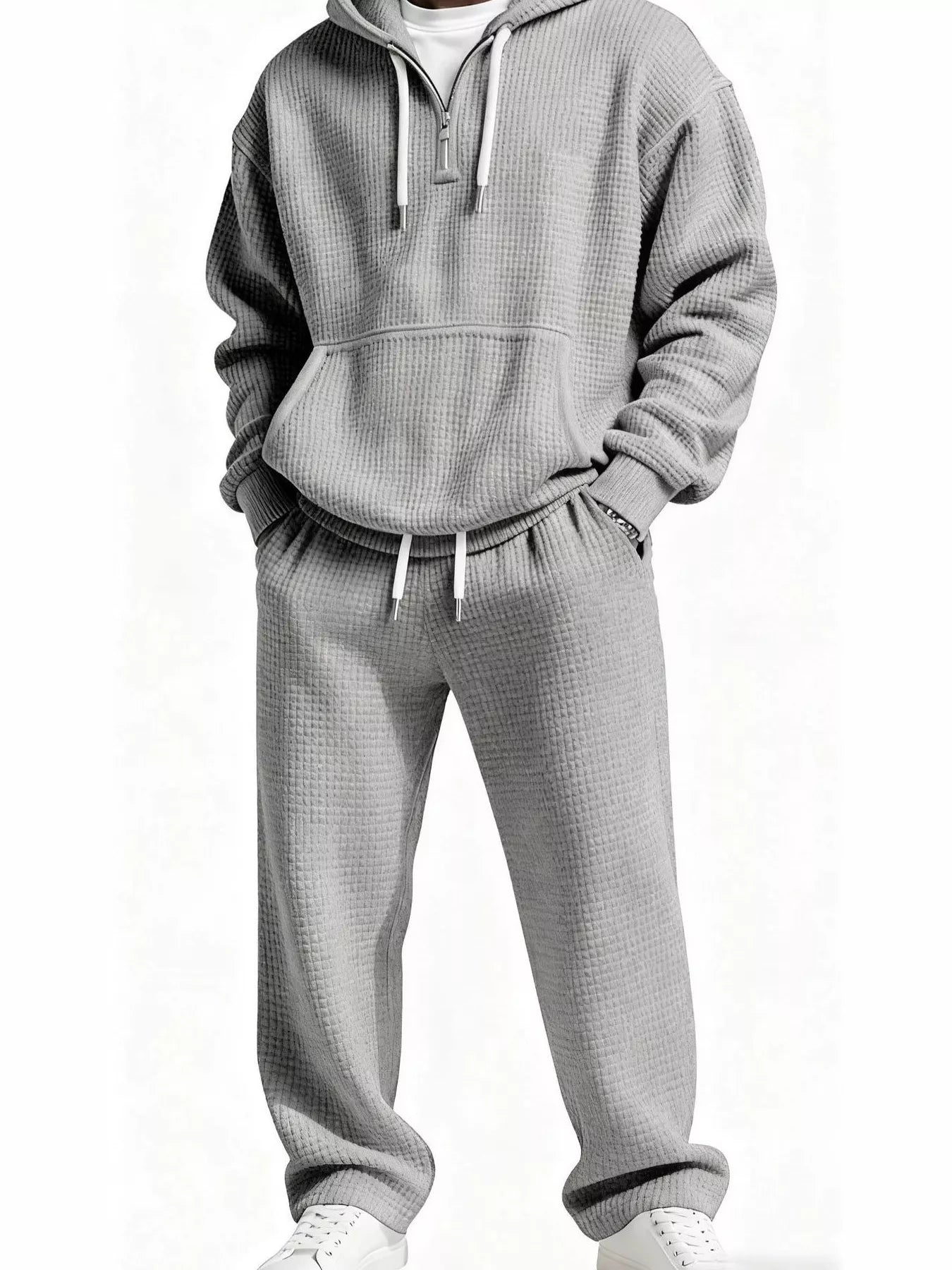 Men's Full Size Casual Waffle Knit Hoodie and Pants Set Plus Size Gray