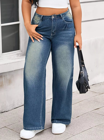 Plus Size Vintage Wash Wide Leg Jeans Blue