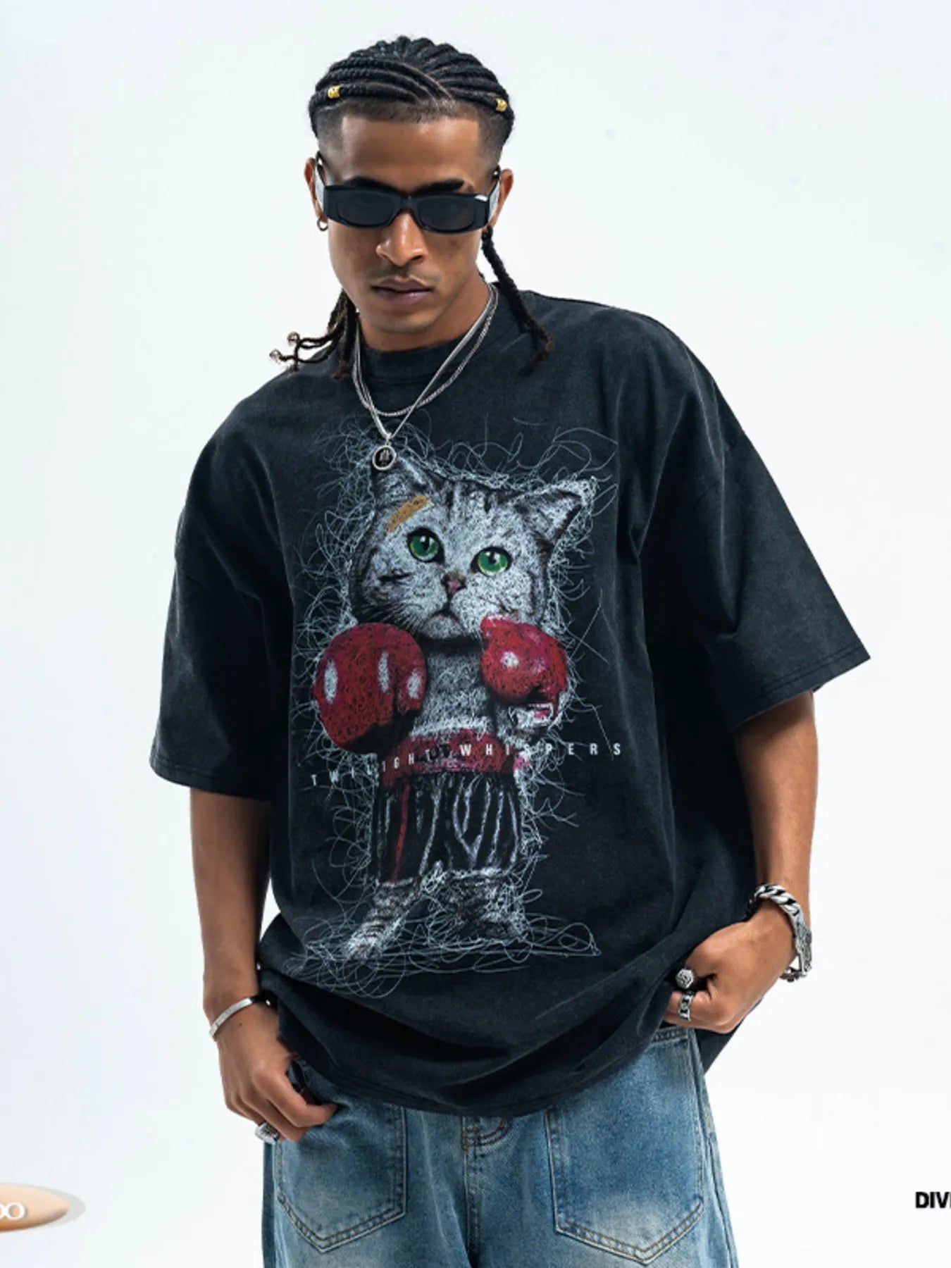 Men's Cat Graphic Vintage Wash T-Shirt Black