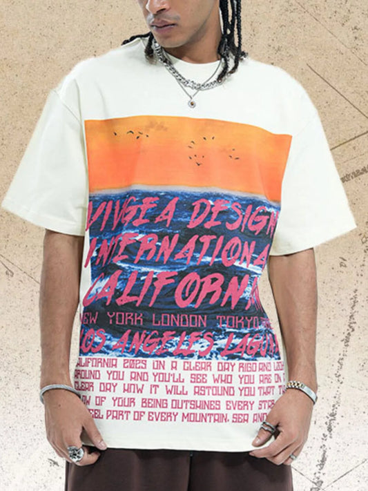 Men's Graphic Round Neck Short Sleeve Tee Beige