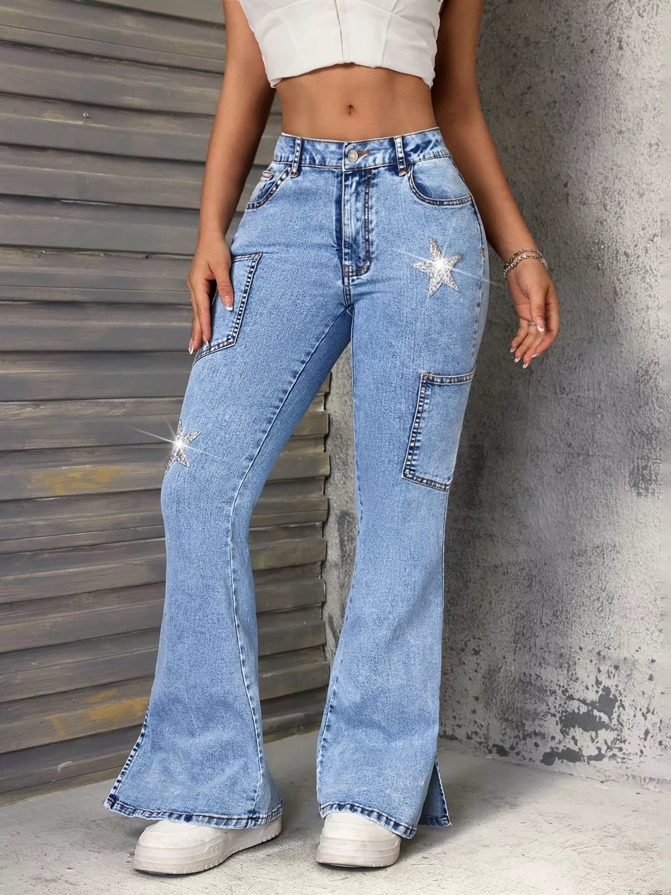 Slit Star Flare Leg Jeans Blue