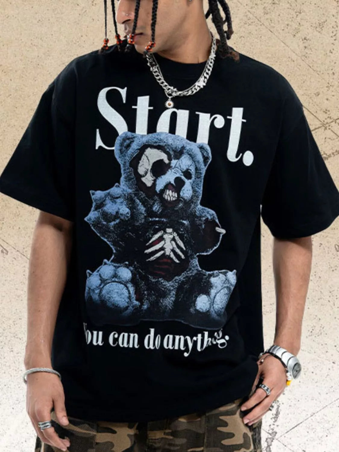 Men's Graphic Round Neck Oversized T-Shirt Black