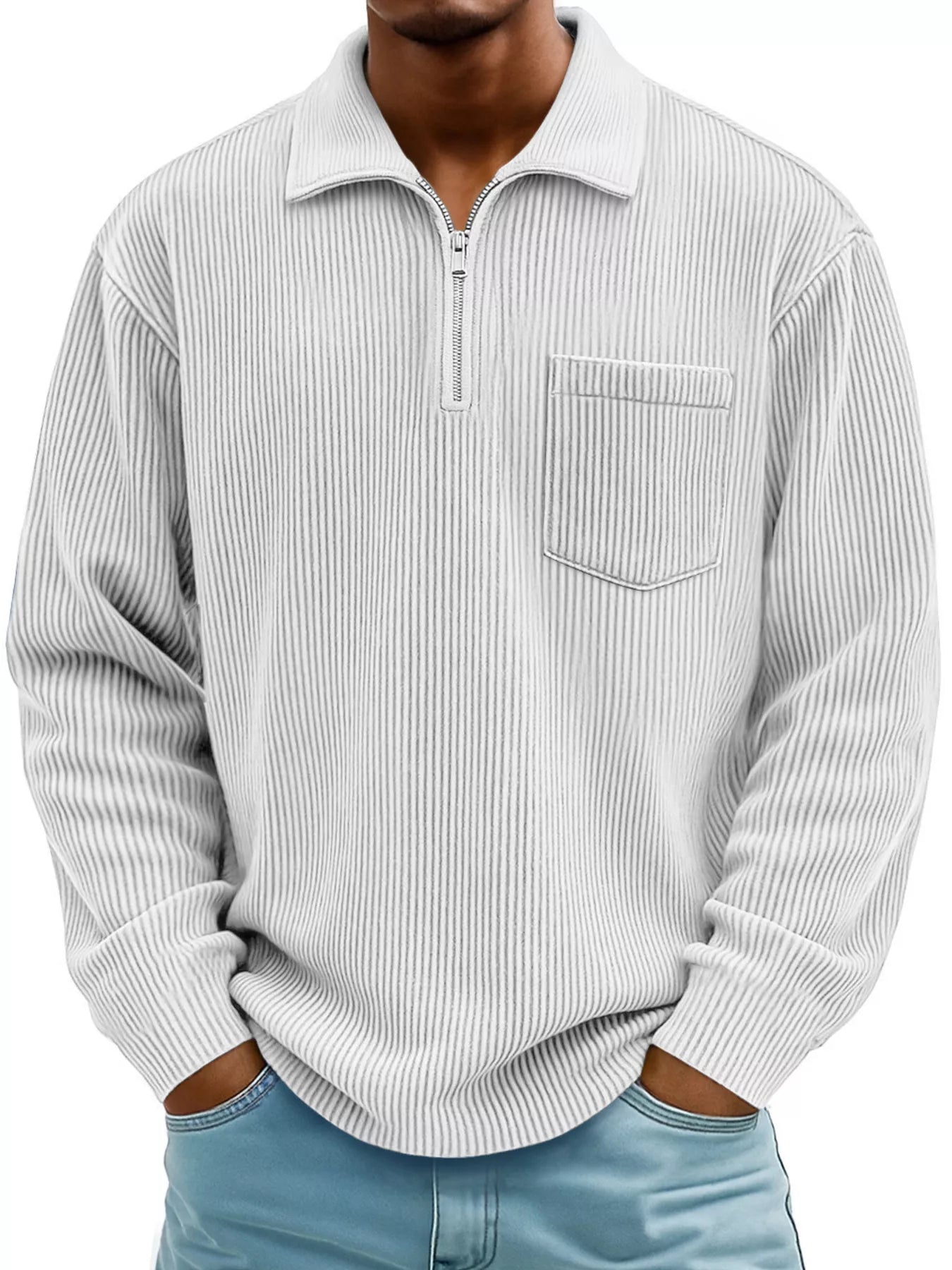 Men's Full Size Corduroy Half Zip Casual Top Plus Size White