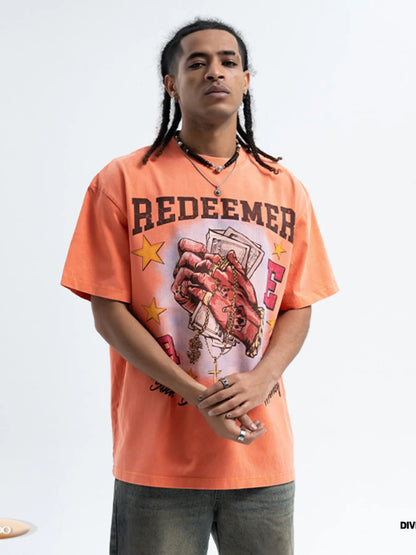 Men's Graphic Round Neck Short Sleeve T-Shirt Orange