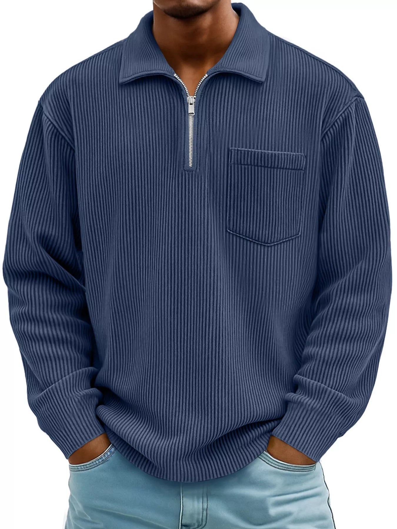 Men's Full Size Corduroy Half Zip Casual Top Plus Size Dusty Blue