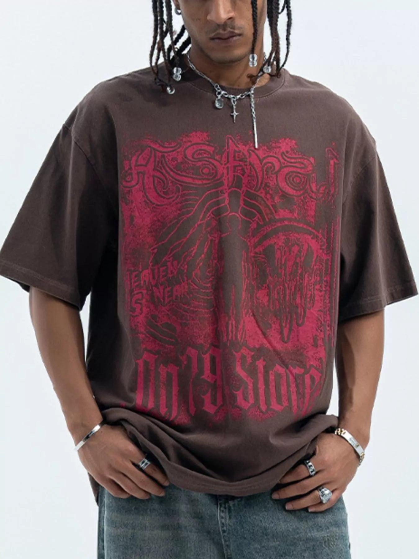 Men's Graphic Round Neck Oversized T-Shirt Chocolate
