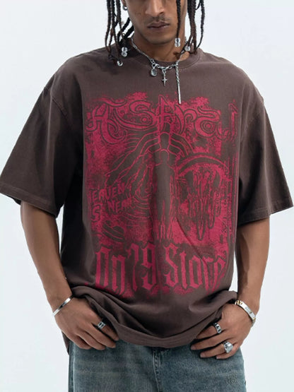 Men's Graphic Round Neck Oversized T-Shirt Chocolate