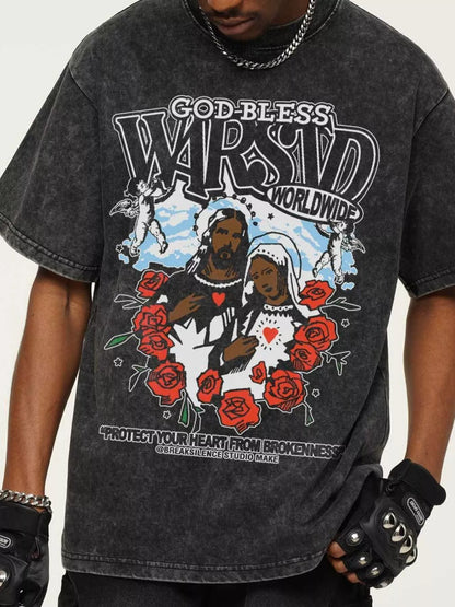 Men's God-Bless Graphic Print Vintage Wash T-Shirt Dark Gray