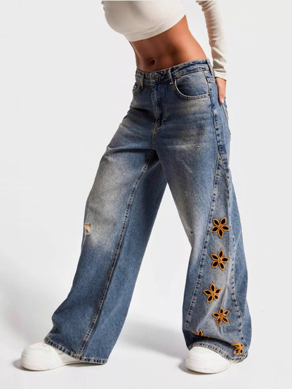 Floral Embroidered Wide Leg Jeans Blue