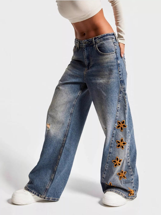 Floral Embroidered Wide Leg Jeans Blue