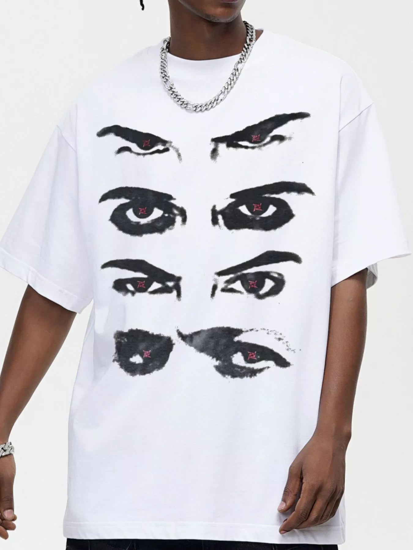 Men's Oversized Eyes Graphic Round Neck T-Shirt White