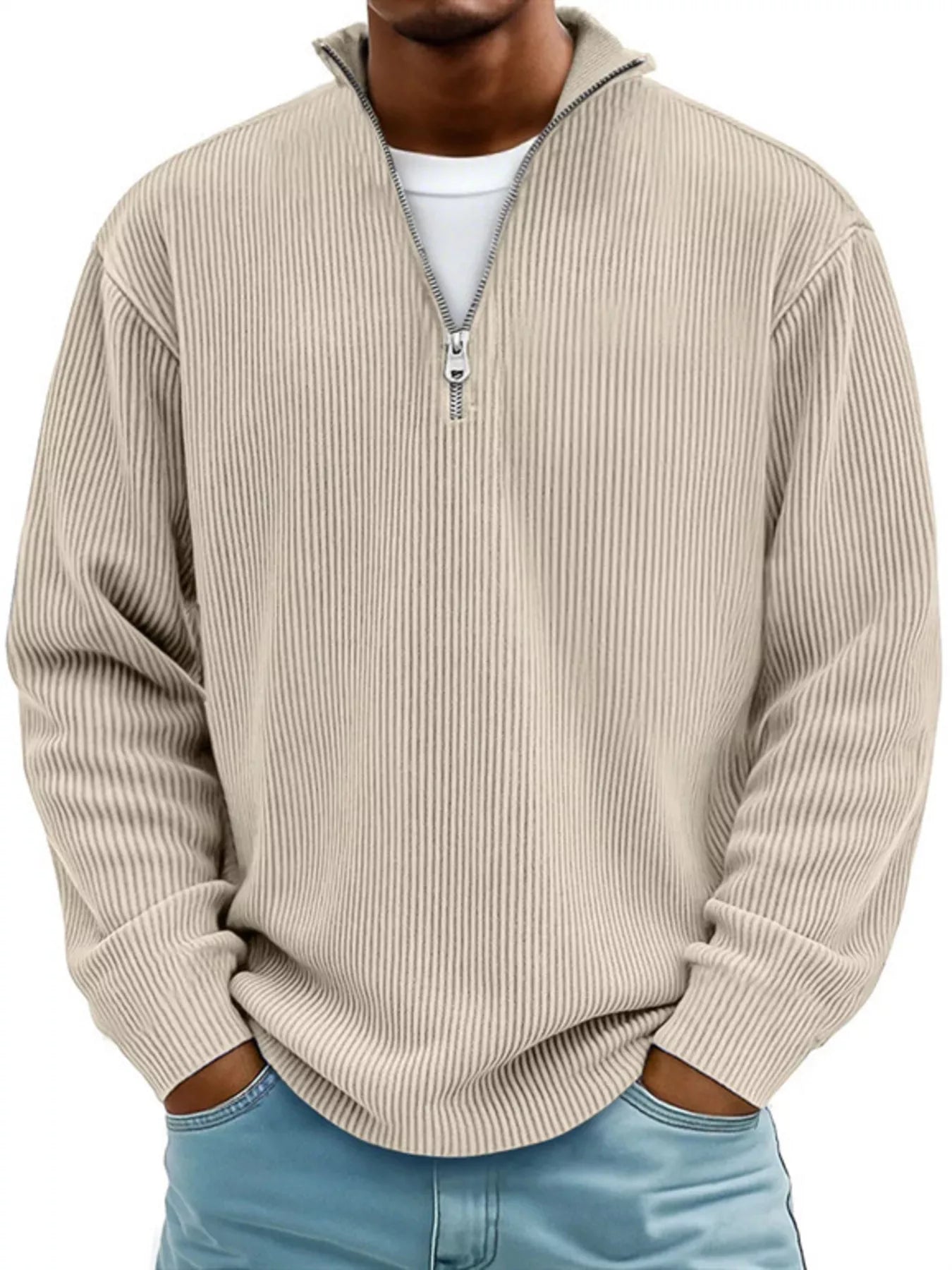 Men's Full Size Corduroy Quarter Zip Pullover Sweatshirt Beige