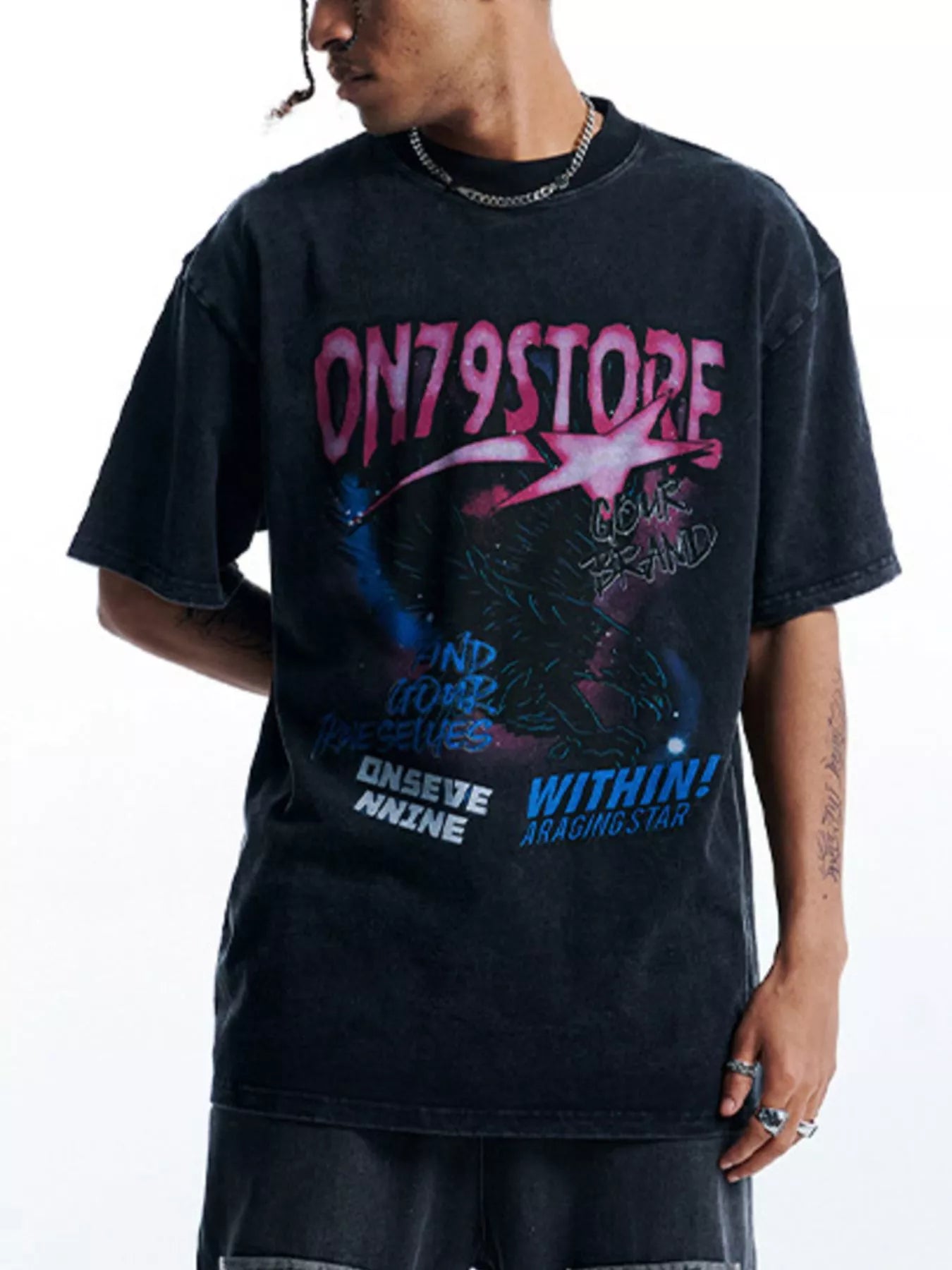 Men's Vintage Graphic Oversized T-Shirt Wash Black