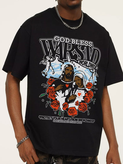 Men's God-Bless Graphic Print Vintage Wash T-Shirt Black