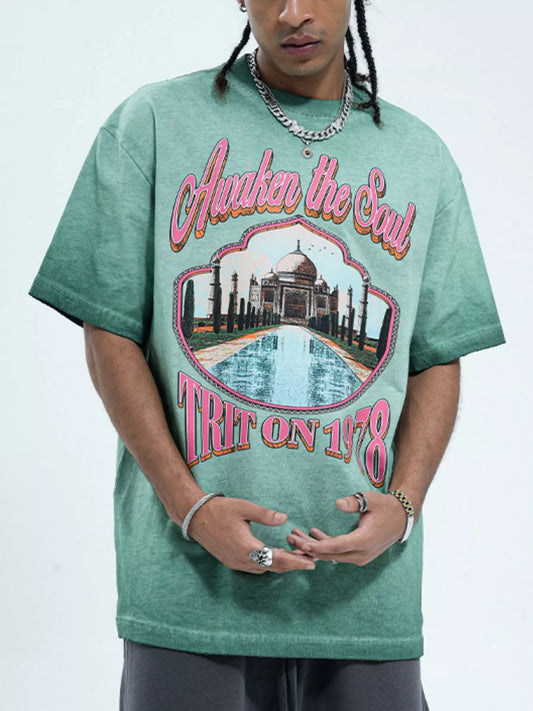 Men's Vintage Wash Graphic Round Neck T-Shirt Green