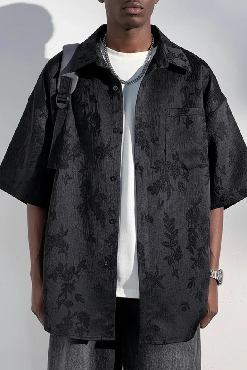 Men's Plus Size Floral Jacquard Short Sleeve Shirt Black