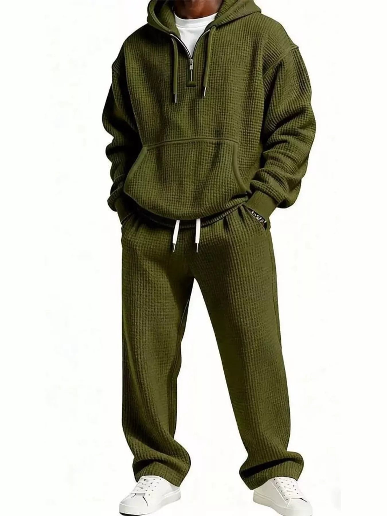 Men's Full Size Casual Waffle Knit Hoodie and Pants Set Plus Size Army Green