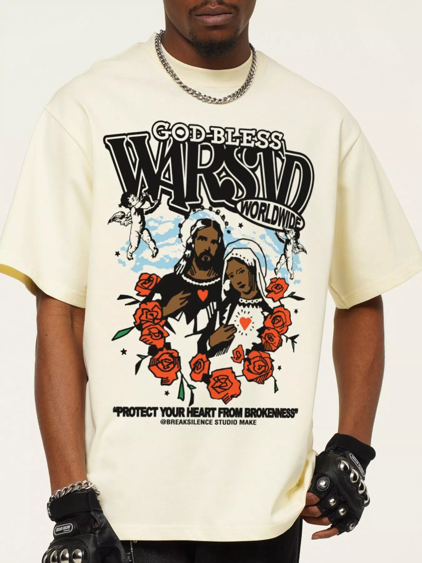 Men's God-Bless Graphic Print Vintage Wash T-Shirt Cream