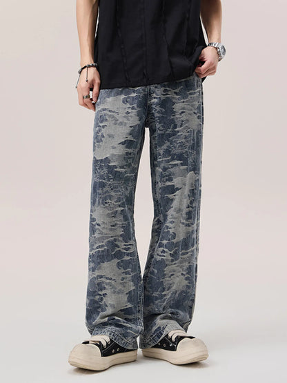 Men's Wash Wide Leg Jeans Blue Jacquard