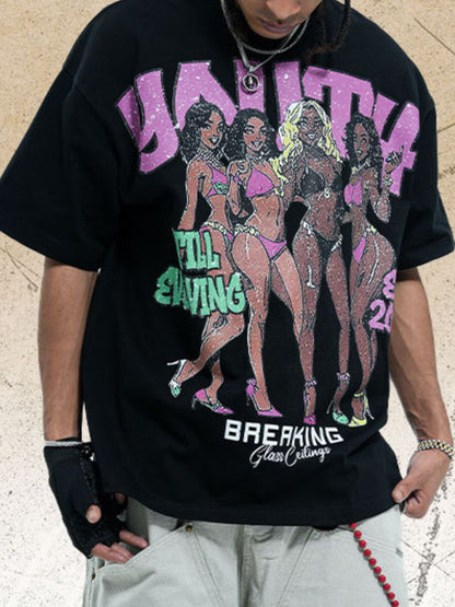 Men's Graphic Round Neck Oversized T-Shirt Black
