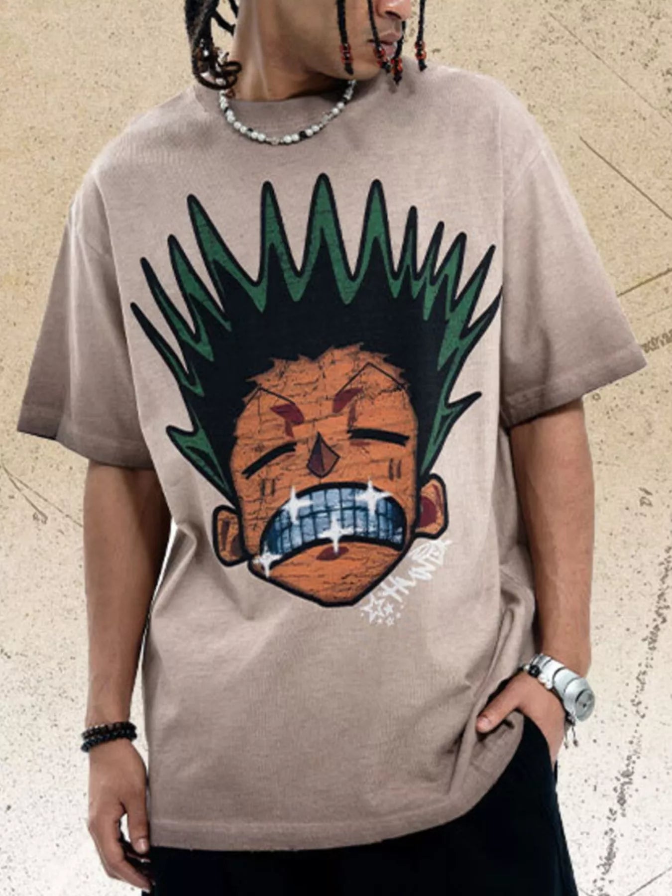Men's Graphic Round Neck Oversized T-Shirt Mocha