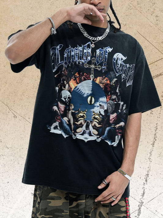 Men's Vintage Graphic Round Neck Oversized T-Shirt Black