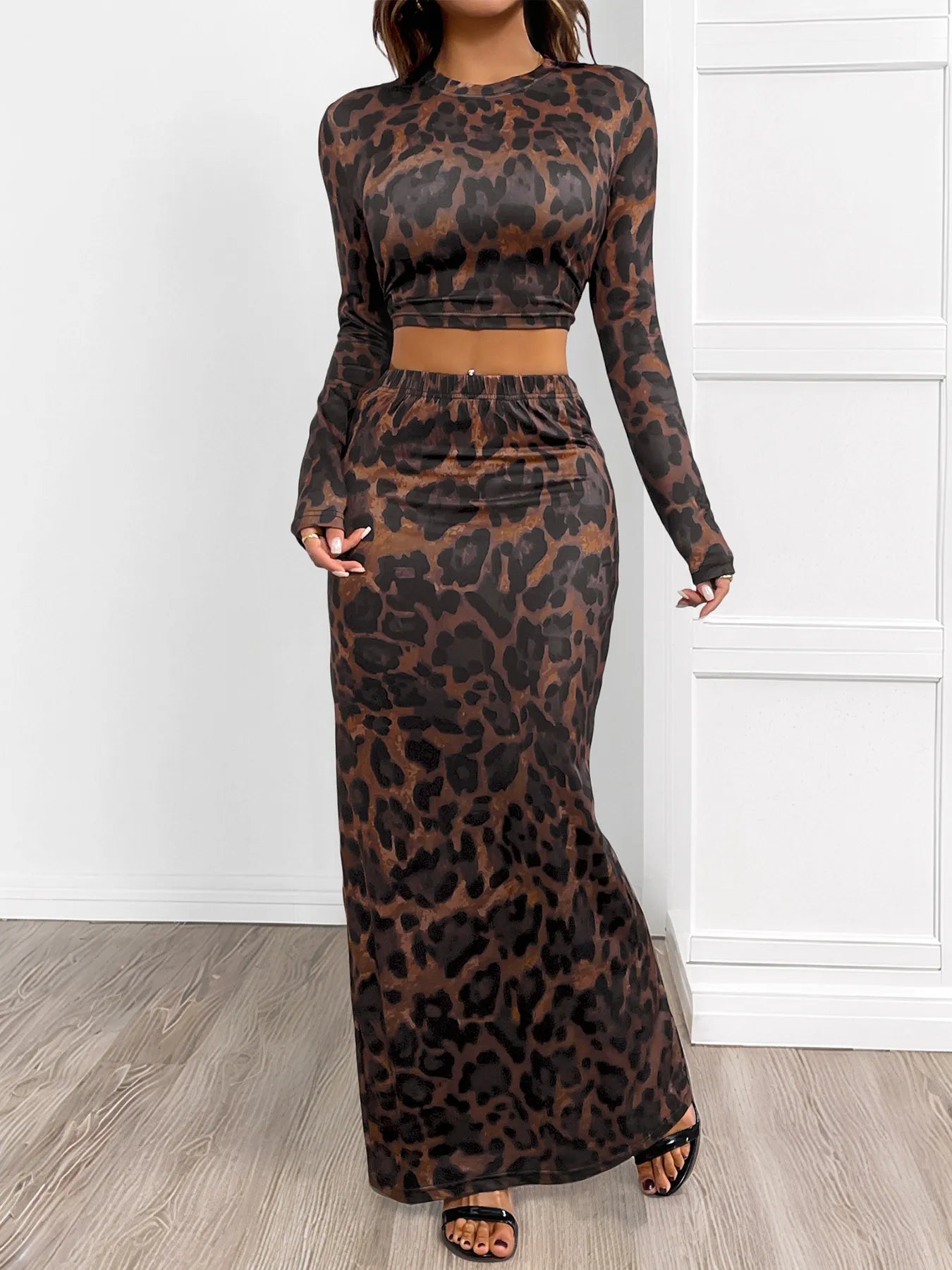Leopard Round Neck Top and Skirt Set Coffee Brown