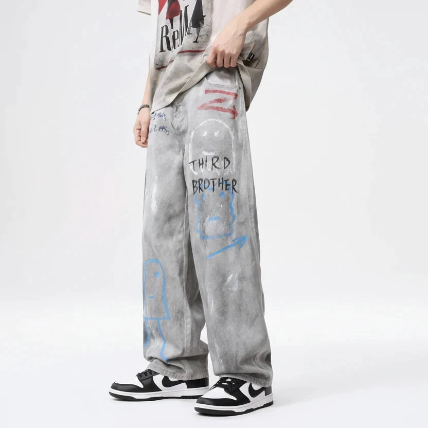 Men's Distressed Graffiti Print Wide Leg Jeans