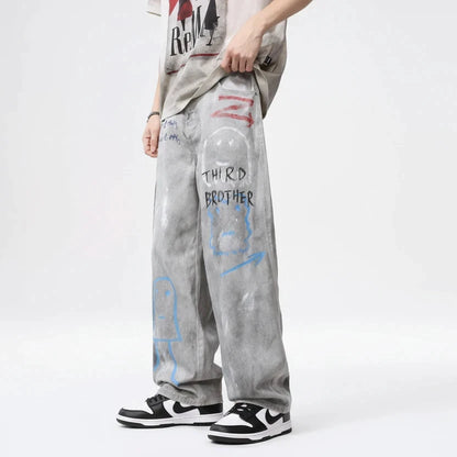 Men's Distressed Graffiti Print Wide Leg Jeans