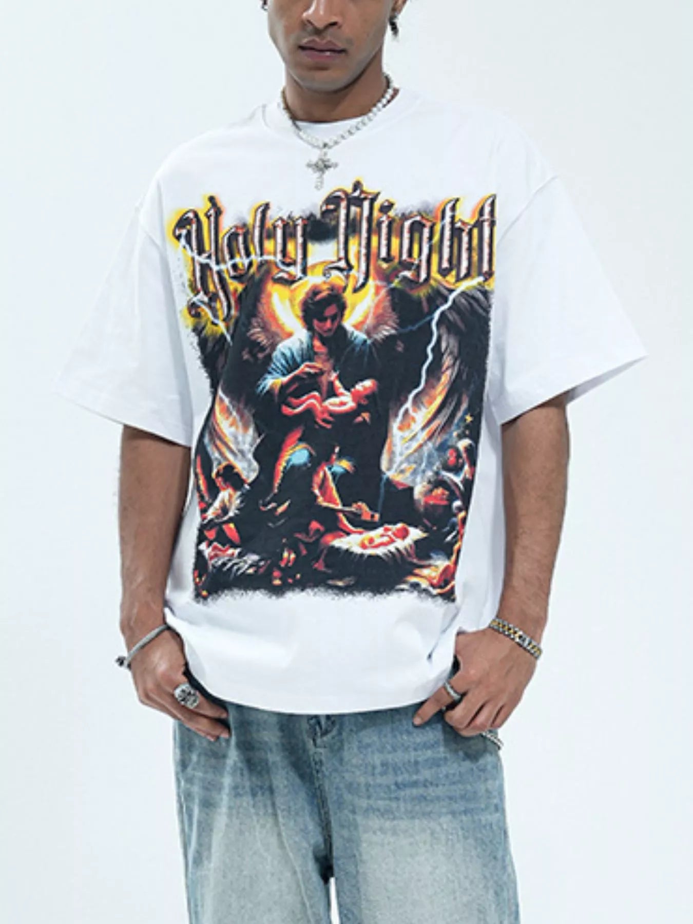 Men's Graphic Round Neck Oversized T-Shirt White