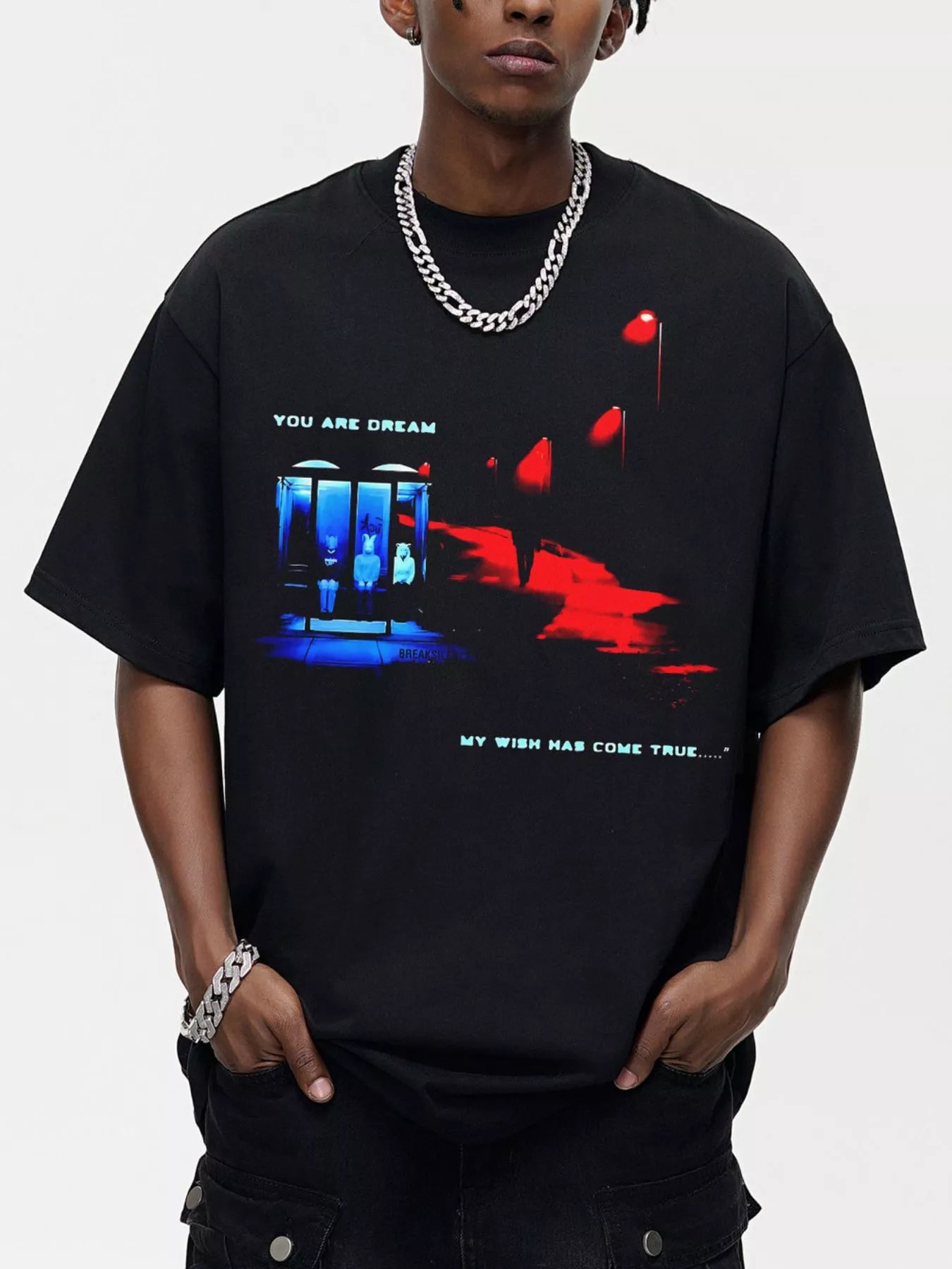 Men's Graphic Round Neck Oversized T-Shirt Black