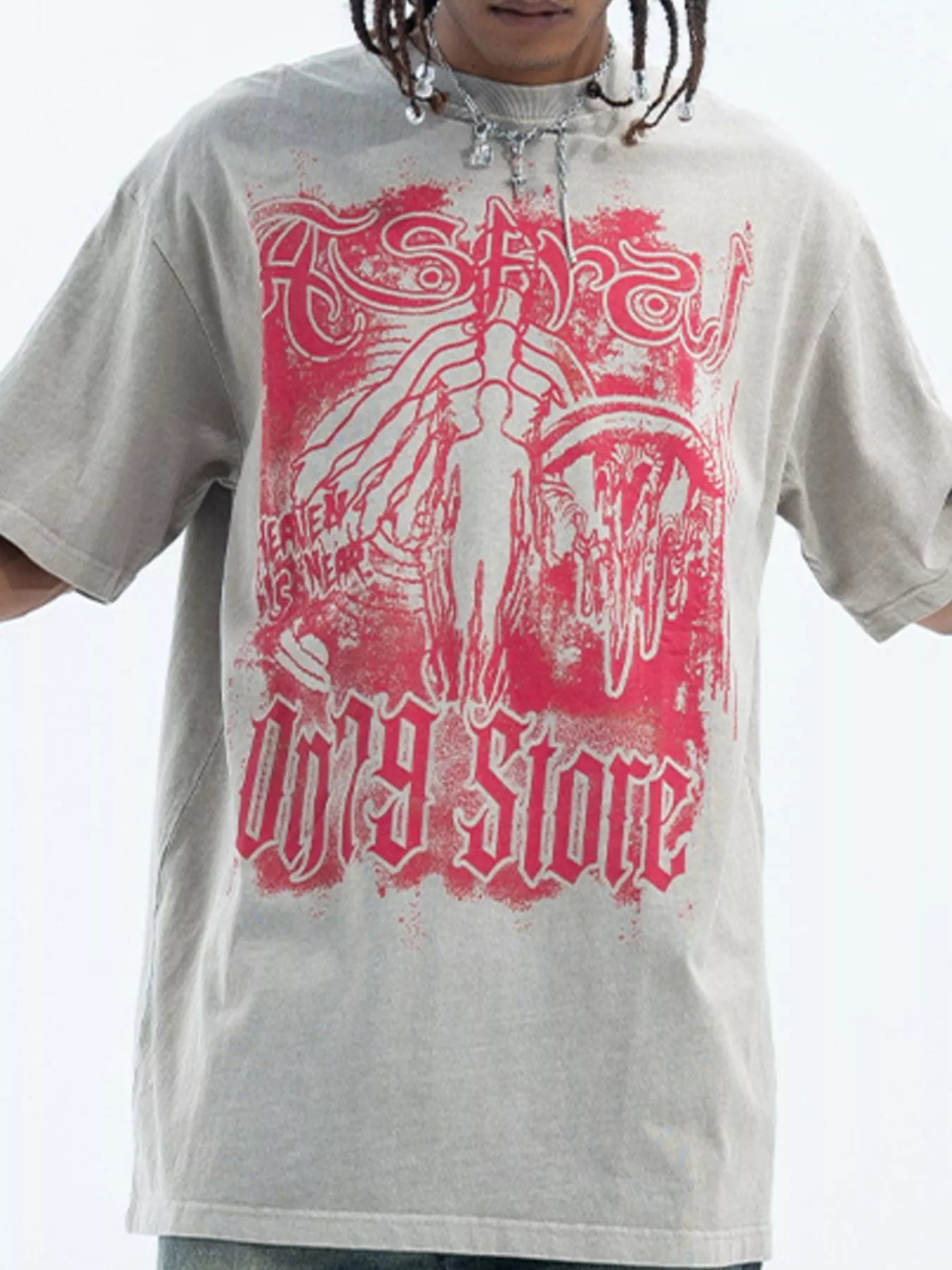 Men's Graphic Round Neck Oversized T-Shirt Light Gray