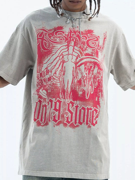 Men's Graphic Round Neck Oversized T-Shirt Light Gray