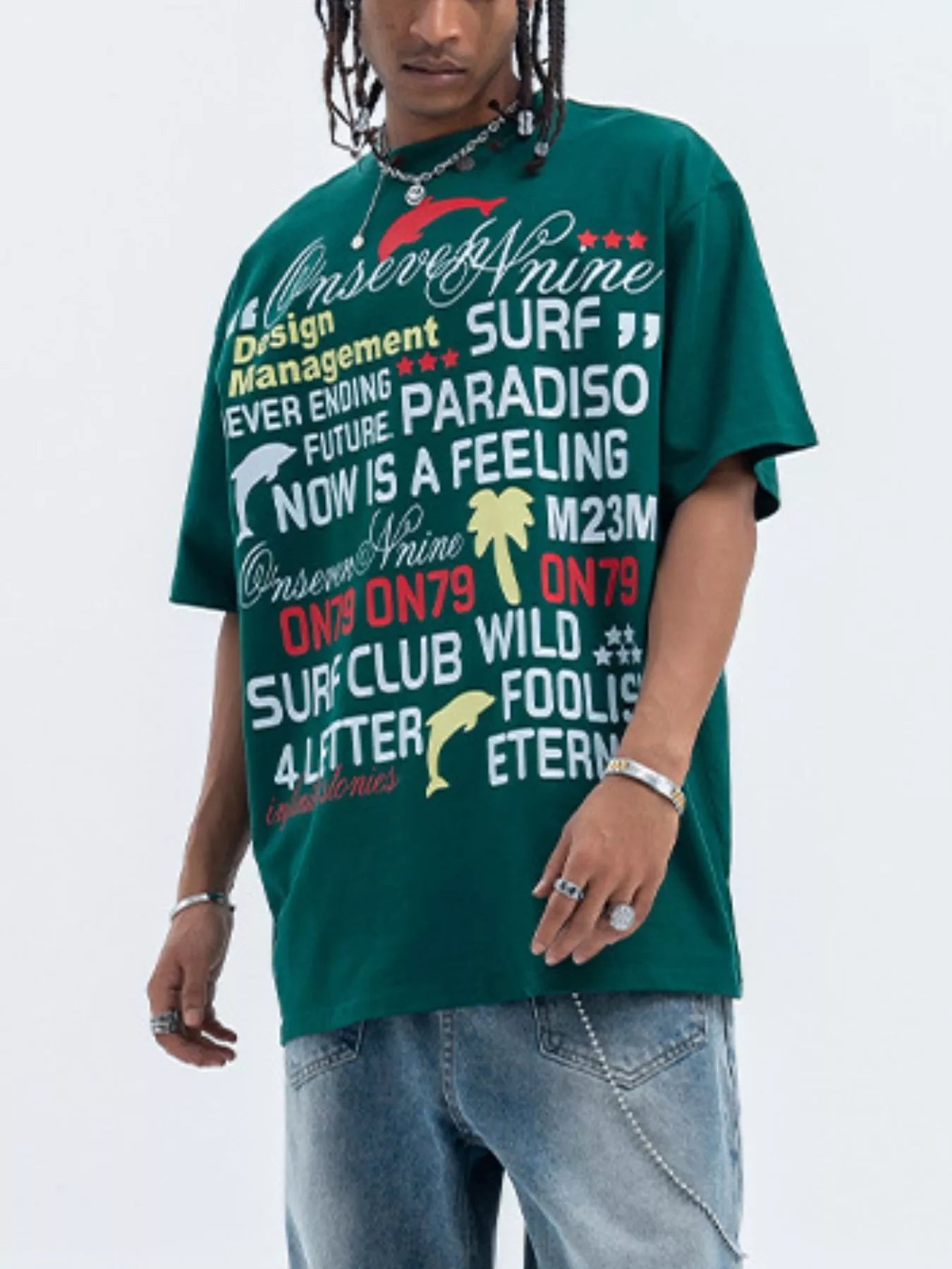 Men's Letter Round Neck Short Sleeve T-Shirt Green
