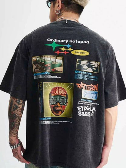 Men's Vintage Graphic Oversized Washed T-Shirt Wash Water Black