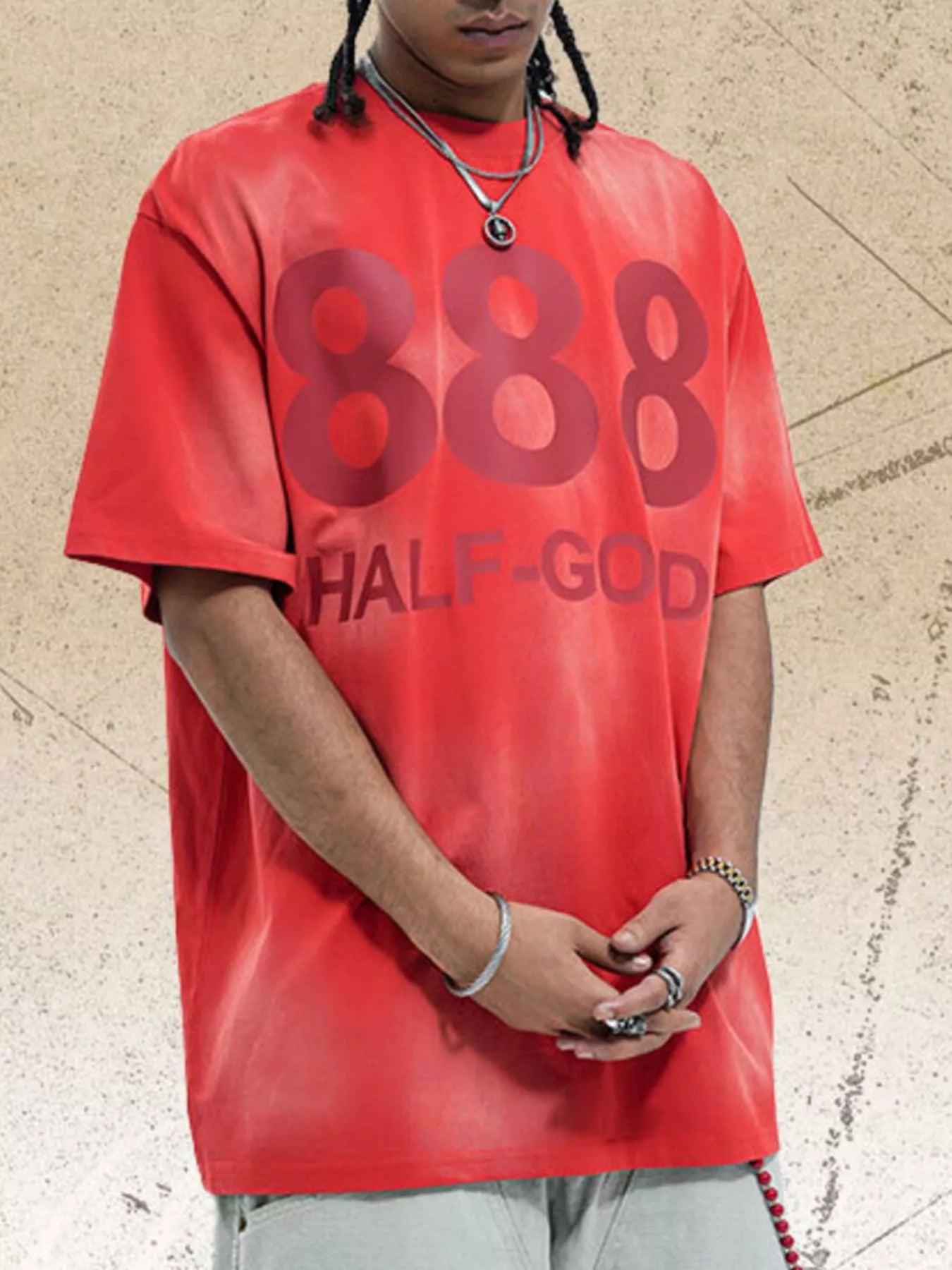 Men's 888 Half-God Graphic Washed T-Shirt Red