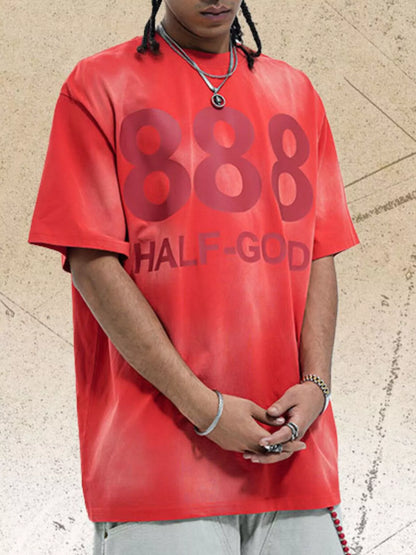 Men's 888 Half-God Graphic Washed T-Shirt Red
