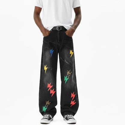 Men's Full Size Lightning Bolt Print Wide Leg Jeans Plus Size Black