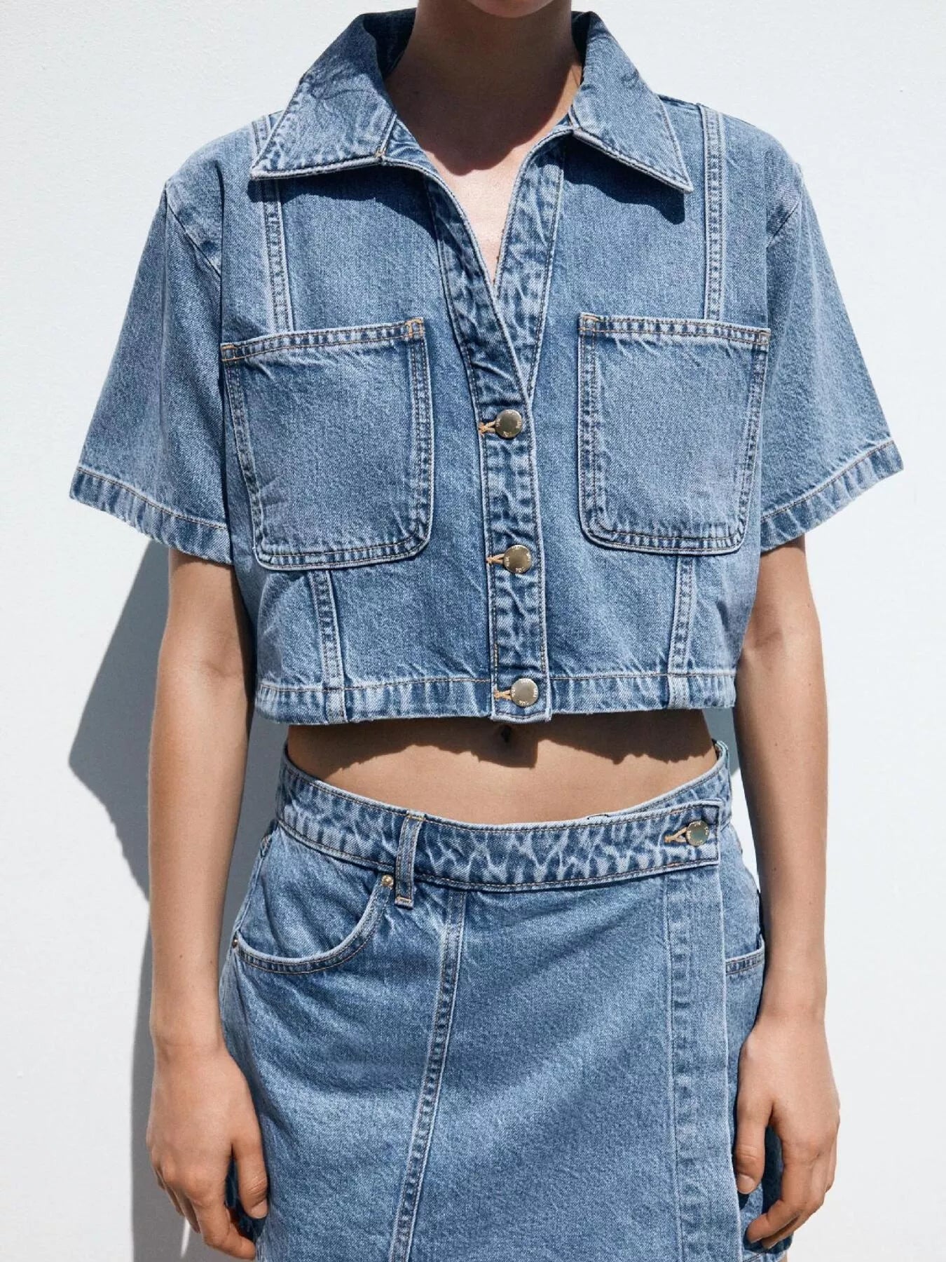 Button Up Short Sleeve Top and Skort Denim Set Sky Blue