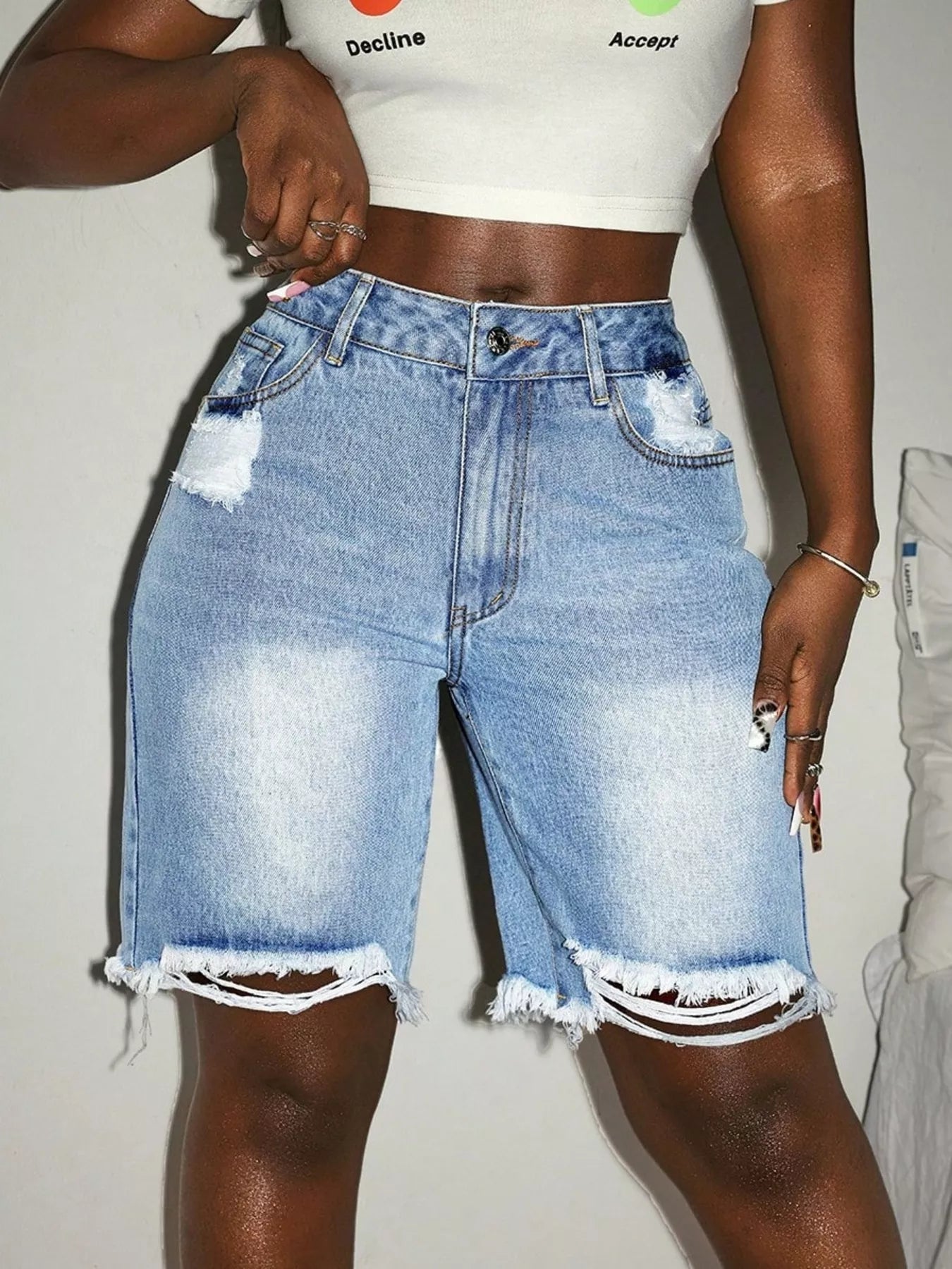 Distressed High Waist Frayed Hem Denim Shorts Blue