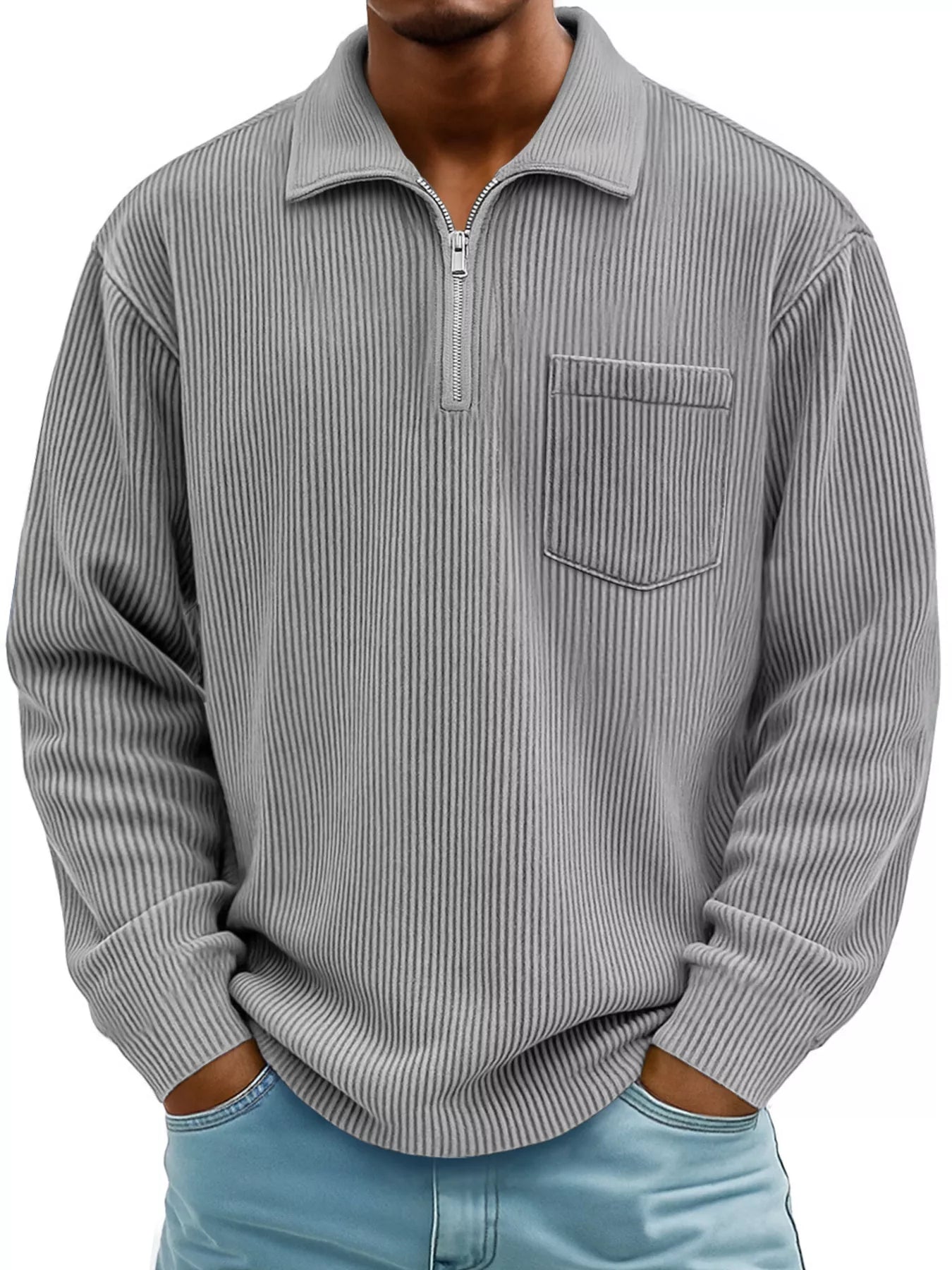 Men's Full Size Corduroy Half Zip Casual Top Plus Size Gray